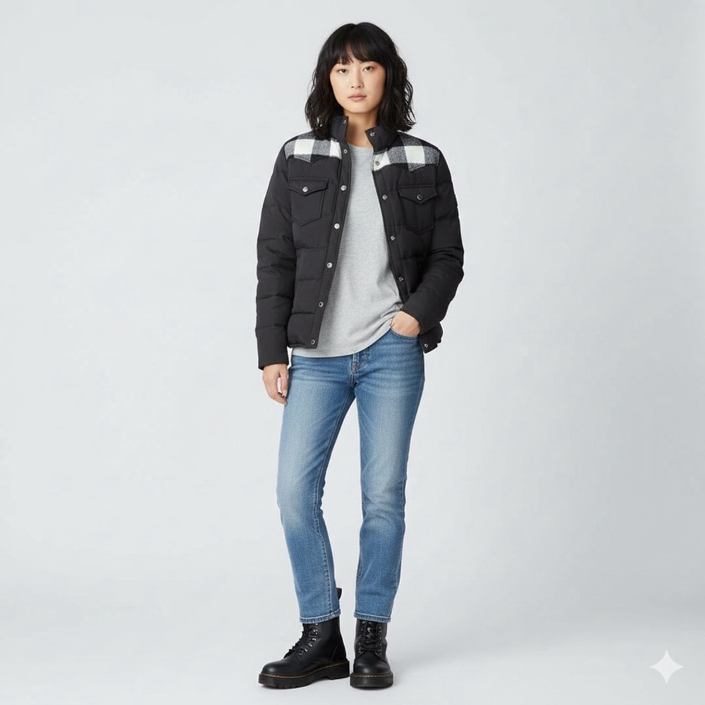 ** Penfield Rockford Black Western Grey Buffalo Plaid Trim Puffer Jacket XS